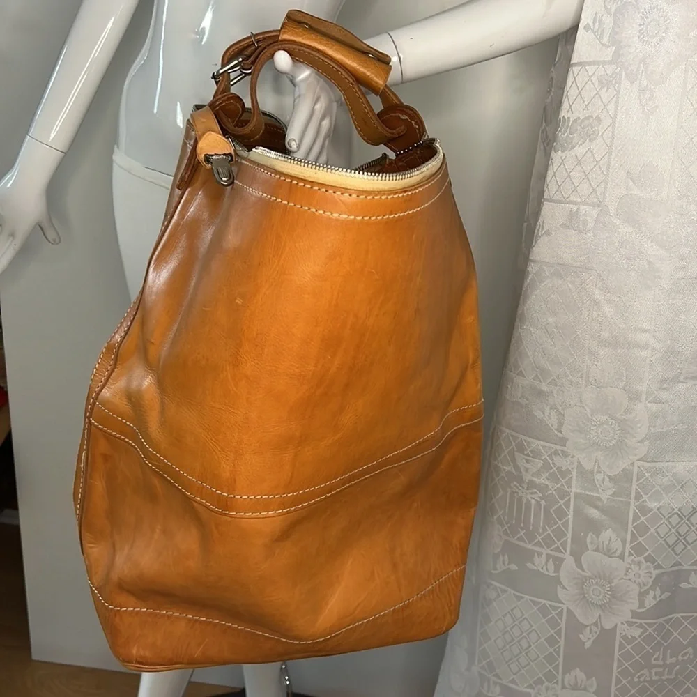 Large Tall Belting Leather Zip Tongue Groove Closure Hand Crossbody Bucket Bag